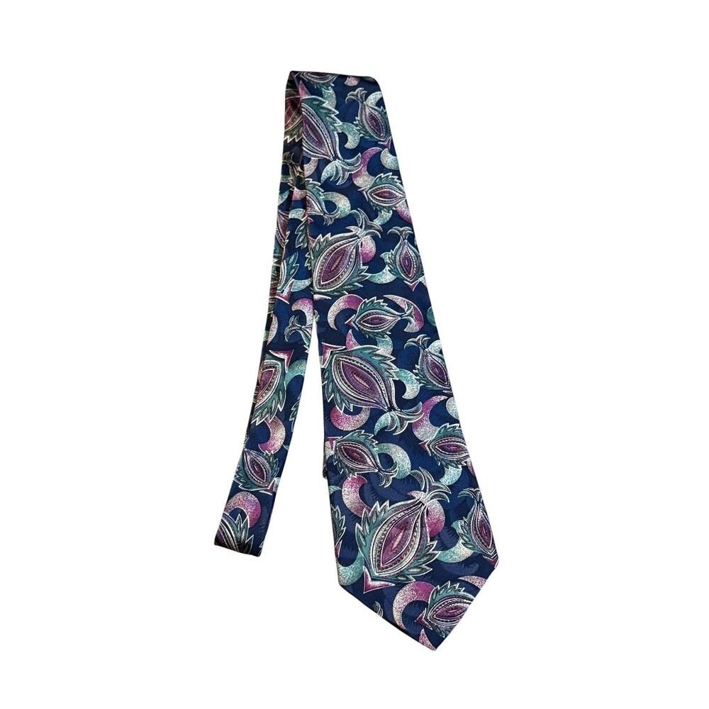 Nordstrom Extra Long Wide Tie 62 in Italian Silk Paisley Navy Purple Green